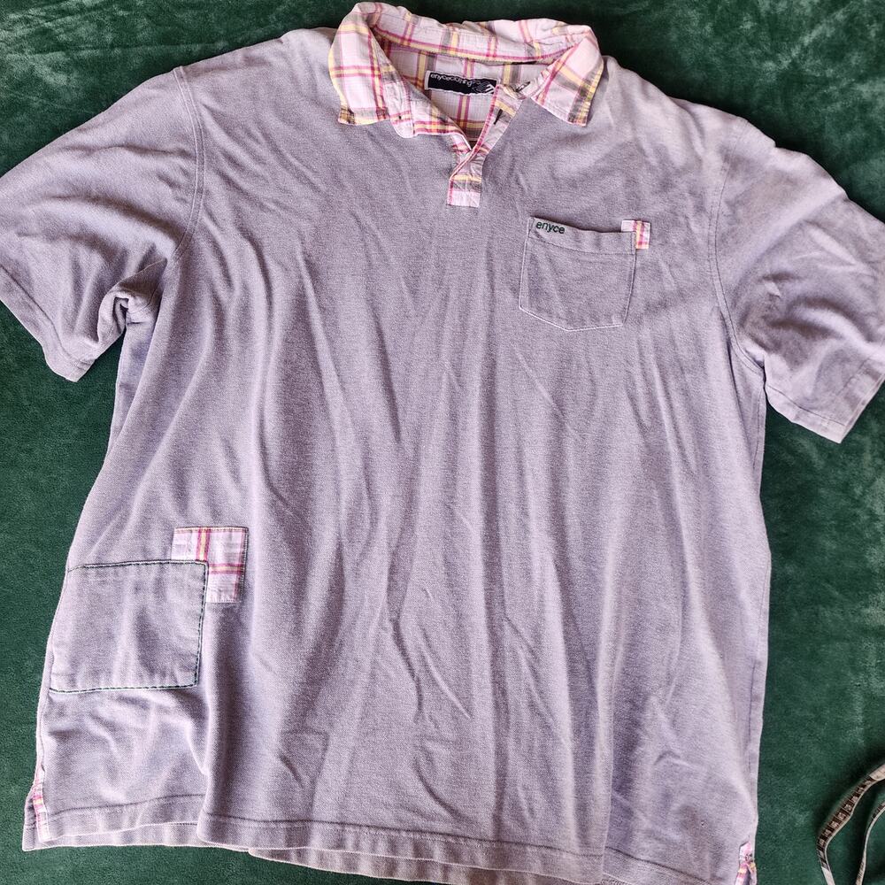 Y2K Enyce Clothing Co Plaid Contrast Pocket Polo Shirt Oversized Grey